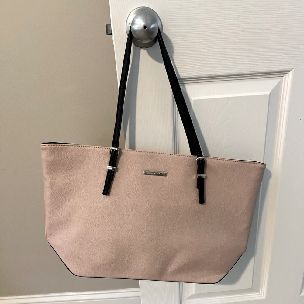 Vintage Nine West Pink Black Shoulder Bag Work Tote Large faux leather zippered